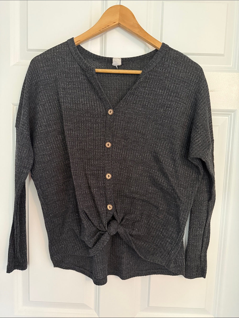 Charcoal Button-Front Knit Top with Front Tie